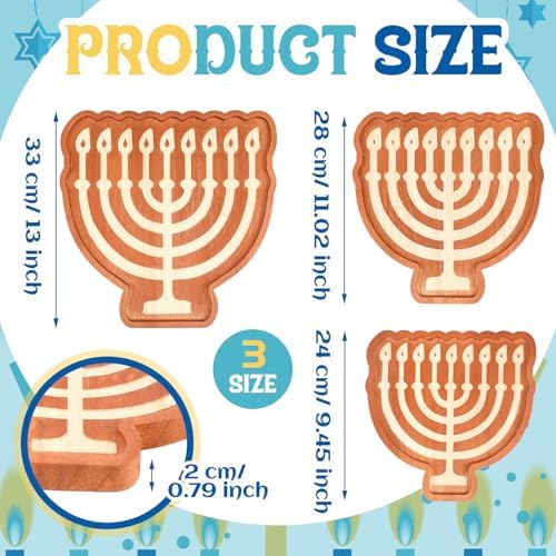 Rtteri 3 Pcs Hanukkah Platters Wood Decorative Trays Food Plate Cookie Serving Trays Happy Chanukah Decorations for Holiday Party Supplies Dessert Snack Home Display, 3 Sizes(Menorah) - Image 2