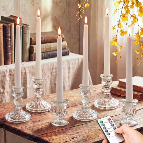 Mumufy 12-piece Clear Glass Candle Holders with Flameless Taper Candles by Mumufy