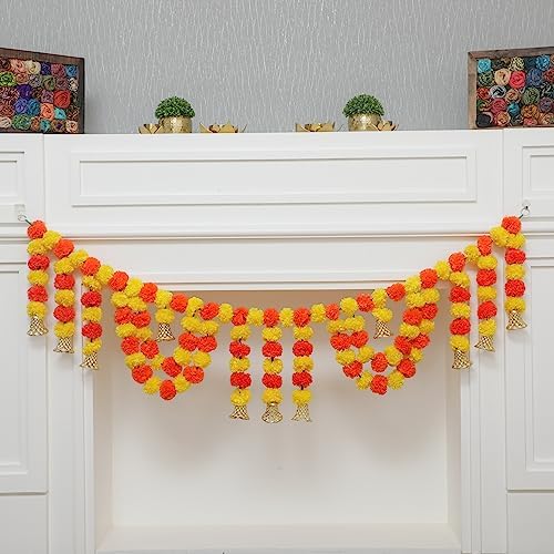5 Ft Orange Yellow Marigold Door Hanging Toran - Indian Thorans - Atificial Flower Garland for Pooja Mandir, Door, Diwali Decoration Toran - Indian Housewarming Décor, Bandhanwar (Pack of 1) by DesiFavors