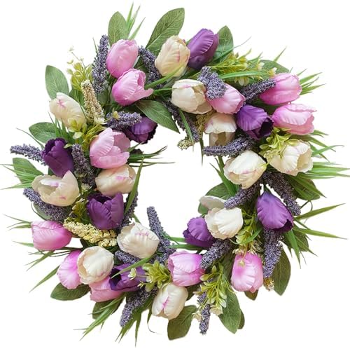 Spring/Summer Wreaths for Front Door,Purple Tulip Wreath for Decoration, 22 Inch Door Wreaths Indoor Outdoor for Party Holiday Farmhouse Wedding Home Wall Window Decor by CIROASES