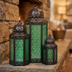 VELA LANTERNS Set of 3 Green Glass & Black Metal Moroccan Candle Lantern Holders (XL, Large, Small) - Decorative Indoor/Outdoor Decor for Patio, Floor, Weddings & Ramadan - Image 3