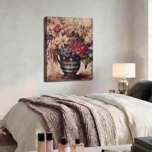 ZERILYN Ship Next Day – Patriotic Stars and Stripes Canvas Print, USA Flag Flower Arrangement Wall Decor, Red White Blue Vintage Home Decoration - Image 5
