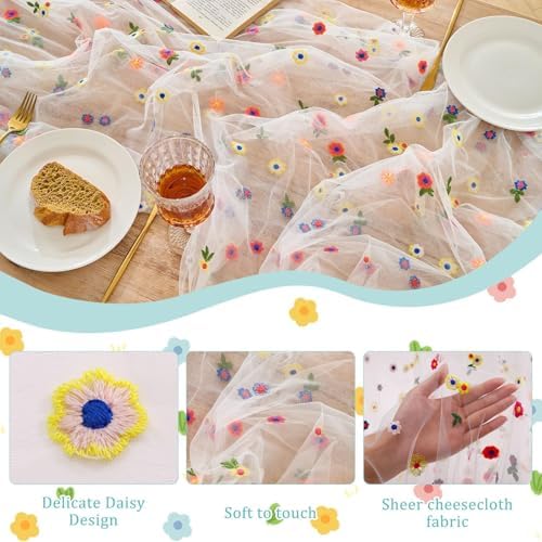 6PCS Lvory Floral Table Runner 10 FT, Embroidery Daisy Table Runners Seasonal Spring Summer Sheer Tulle Dining Table Decor for Home Party Birthday Decor 29x120 Inch ﻿ - Image 3