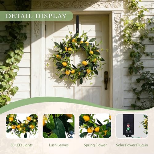 Solar Spring Wreath 24inchWreath for Front Door Artificial Pre-lit 50LED Spring Decorations for Outside Yellow Lemon Summer Decor Wreath for Wall Festival Holiday Farmhouse Decor(2407) - Image 2