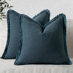 MIULEE Boho Linen Fringe Decorative Throw Pillow Covers Navy Blue 20x20 by MIULEE