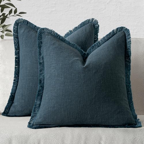 MIULEE Linen Fringe Decorative Euro Throw Pillow Covers Navy Blue 26x26 by MIULEE