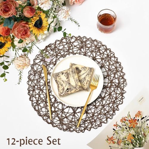 IcosaMro Round Woven Placemats Set of 12 for Dining Table, 15 Inches Paper Boho Decorative Circle Place Mats for Wedding Christmas Thanksgiving Day Holiday Dinner (Tan Brown) - Image 2