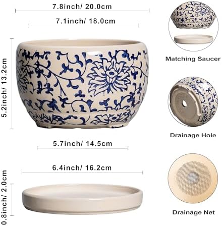 SQOWL Ceramic Planters for Indoor Plants - 8 inch Plant Pot with Drainage Hole and Saucer, Decorative Flower Pot Outdoor, Porcelain Round Planter, Living Room Decor, Gardening Gifts, Blue and Beige - Image 3