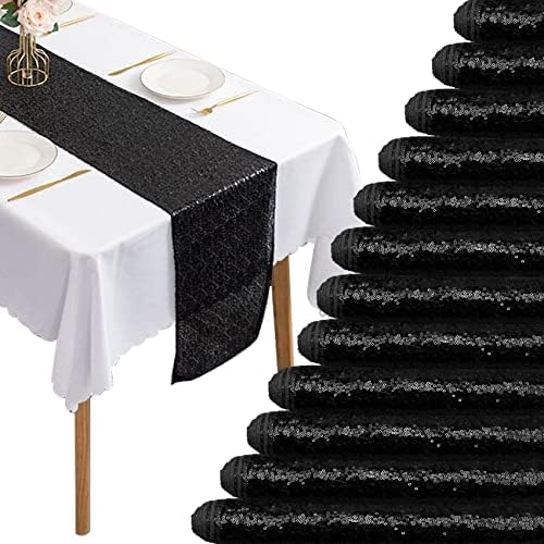 12 Packs Sequin Table Runner Glitter Dining Table Runner for Birthday Wedding Engagement Bridal Baby Shower Bachelorette Holiday Celebration Party Supplies Decorations (12" x 72", Black) by Fivenl