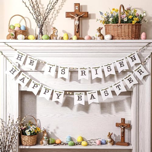Marsui 2 Pcs He Is Risen Decor Easter Wood Bead Garland Happy Easter Hanging Banner Church Christian He Is Risen Hanging Decor Religious Garland Decoration for Christian Party Fireplace Home Wall Sign by Marsui