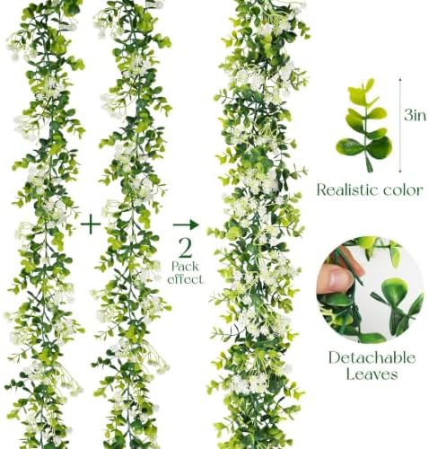 6FT Eucalyptus Garland with Flowers, 4 Pack Greenery Hanging Summer Eucalyptus Garland Suitable for Table Wedding Backdrop Arch Wall Party Thanksgiving UV Protected Indoor Outdoor Decorations - Image 6