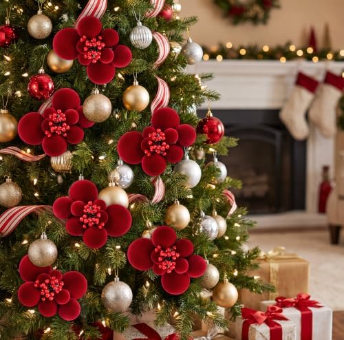 Roowest 4 Sets Christmas Red Ball Clusters Ornament Velvet Tree Decorations - Image 5
