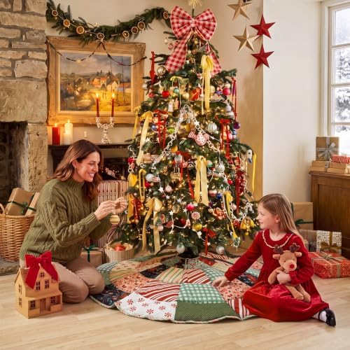 Junkin 48" Quilted Christmas Tree Skirt Colorful Patchwork Vintage - Image 5