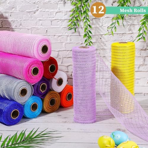 Timgle 12 Rolls Easter Deco Mesh Ribbon for Wreath Making 6 Inch x 30 Feet Each Roll Poly Metallic Foil Deco Mesh Ribbons for DIY Crafts Easter Christmas Spring Summer Party Decor(Modern Color) - Image 5