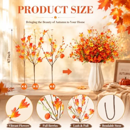 12 Pcs Artificial Fall Flowers 17" Pumpkin Picks with Berry Stems - Image 3