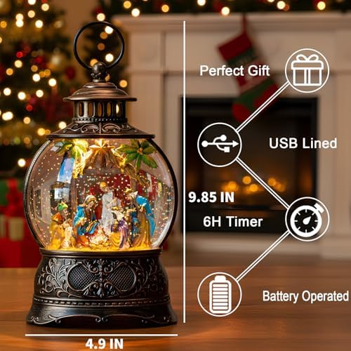 Christmas Snow Globes, Adoration of The Magi Nativity Manger Scene, Silent Night Music Water Lantern, Holiday Decorations Gifts for Family, Children or Friends - Image 2