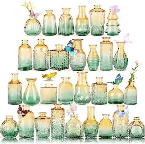 Glass Bud Vases in Bulk Set of 30 Pcs,Small Glass Vases for Flowers as Wedding Centerpieces for Tables,Clear Flower Vases Suitble for Wedding Decorations,Home Decor (Brown Green, 30 pcs) by earthgadgets