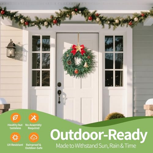 24 Inch Christmas Wreath – Artificial Norfolk Pine & Cedar Greenery, Full Holiday Wreath for Front Door, Wall, Window, Porch, Indoor & Outdoor Christmas Decor (1, 24") - Image 2