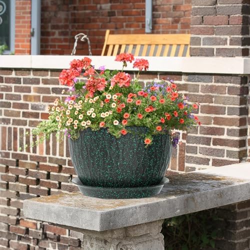 Meowell 12/10/9 inch Large Plant Pots, 3 Pack Wide Flower Pots for Outdoor Indoor Plants, Water Ripples Plastic Planters with Drainage Holes and Saucers for Garden House, Black with Green Speckles - Image 6