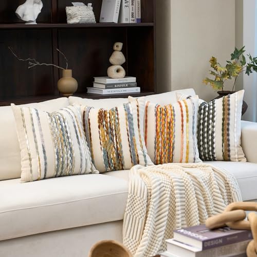 Aeckself Boho Pillow Covers 18x18 Inch Set of 2, Farmhouse Decorative Striped Square Chenille Tufted Accent Neutral Throw Pillow Covers for Living Room Couch Bed, Gray Blue - Image 6