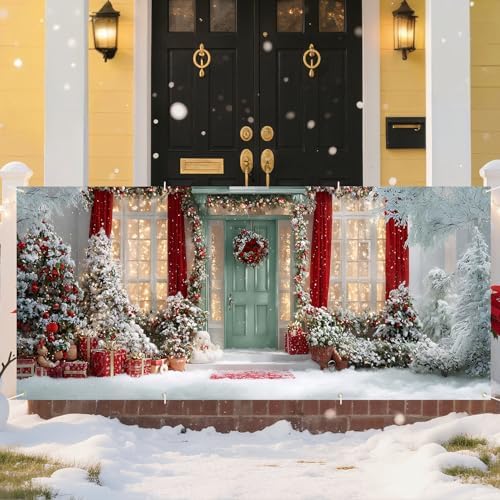 Christmas Garage Door Banner – Snowy Holiday Scene with Red Curtains, Decorated Trees & Gift Boxes – Outdoor Christmas Decoration - Image 4