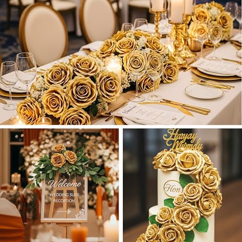 Auihiay 60PCS Gold Rose Artificial Flowers, Faux Silk Roses - Image 4