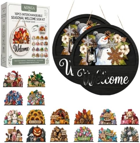 16PCS Interchangeable Welcome Sign for Front Door Seasonal Magnetic Wooden (#3-2pcs) by Unknown
