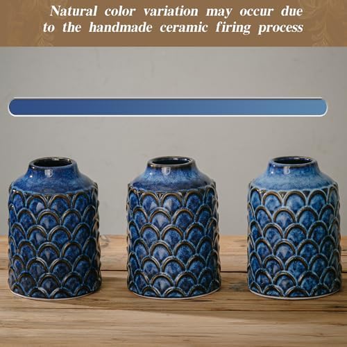 Ceramic Flower Vase, 7.28” Vintage Blue Pottery Vase for Home Decor, Rustic Textured Vase for Pampas Grass, Living Room, Entryway, Mantel, Kitchen Table, Centerpiece - Image 4