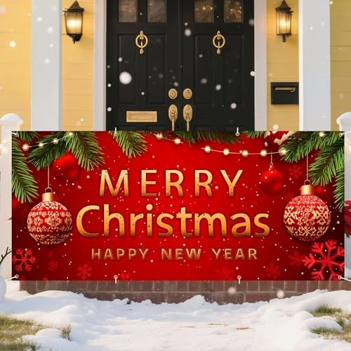 Christmas Garage Door Banner – Red Holiday Mural Cover with Gold "Merry Christmas and Happy New Year" Text, Ornaments, Snowflakes, and Pine Decor – Outdoor Xmas Decoration for Garage or Porch - Image 6