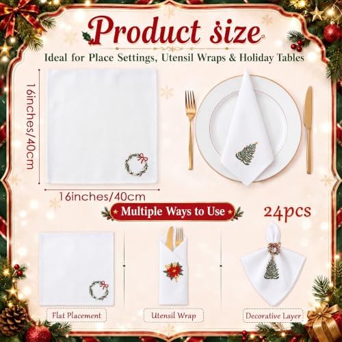 Christmas Cloth Napkins Linen Dinner Napkin, Set of 24, White - Image 2