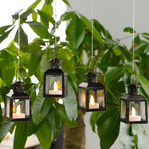 TRIROCKS 6 Pcs Small Metal Candle Lanterns Vintage Hanging House Tealight Lantern Decorative Candle Tea Light Holders for Table Valentine Patio Indoor Outdoor Gifts(Black with Gold Brush) - Image 5
