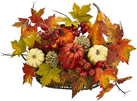 Nearly Natural Pumpkin, Gourd, Berry and Maple Leaf Artificial Arrangement 17 in. W x 12 in. D x 9 in. H - Image 2