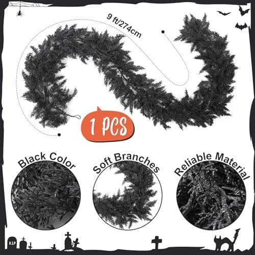 Dingion 1 Pack 9 ft Halloween Black Artificial Cedar Garland - Image 2