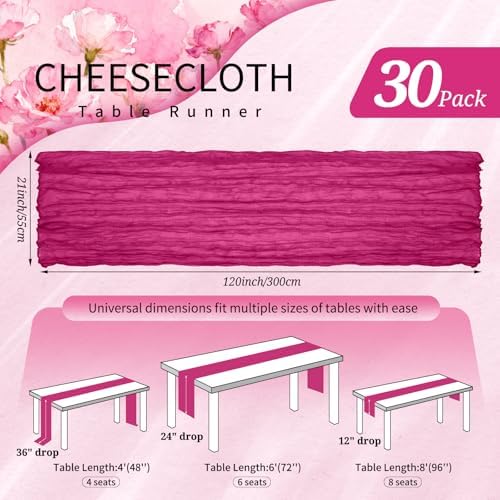30 Pack Cheesecloth Table Runner 10FT Fuschia Table Runner Boho Gauze Cheese Cloth Table Runners Long Rustic Sheer Table Decorations for Wedding Party Baby Bridal Shower Birthday Holiday Spring - Image 2
