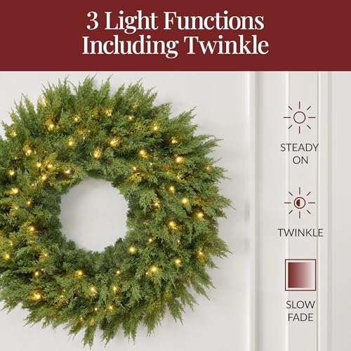 Best Choice Products Pre-Lit Cedar Cypress Christmas Wreath w/Twinkling LEDs, 30in Realistic Large Indoor/Outdoor Holiday Decor for Door, Plug-in - Image 4