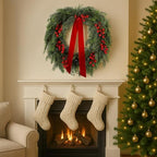 Suncalla 24'' Artificial Cedar Wreath for Front Door Christmas Wreaths Faux Cedar Decorated with Berry and Ribbons Xmas Wreath for Indoor Window Holiday Decor - Image 5