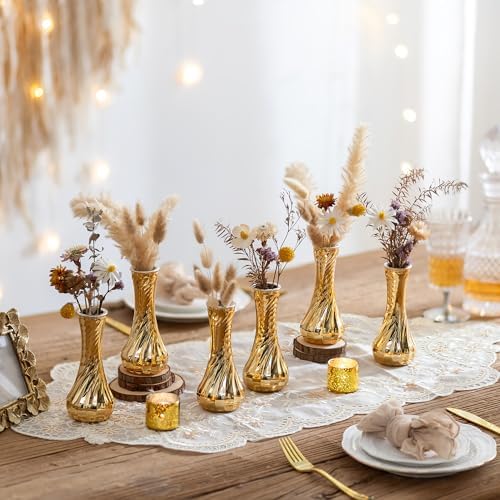 NUPTIO Gold Glass Bud Vase, Vintage Ribbed, 6.1", 6 Pcs - Image 3