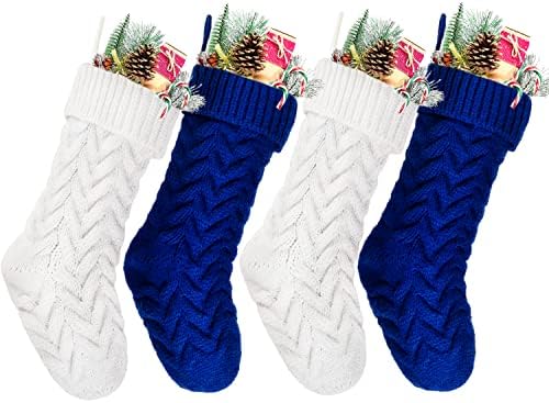 Christmas Stockings, 18 Inch White and Blue Cable Knitted Stockings for Xmas Holiday Decoration, 6 Pack - Image 3