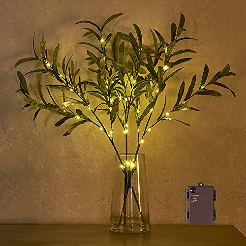 Hairui Lighted Olive Branches with Timer 24IN 72LED Battery Operated, Artificial Greenery Olive Tree Branch with Fairy Lights for Wedding Christmas Home Indoor Outdoor Decoration - Image 3