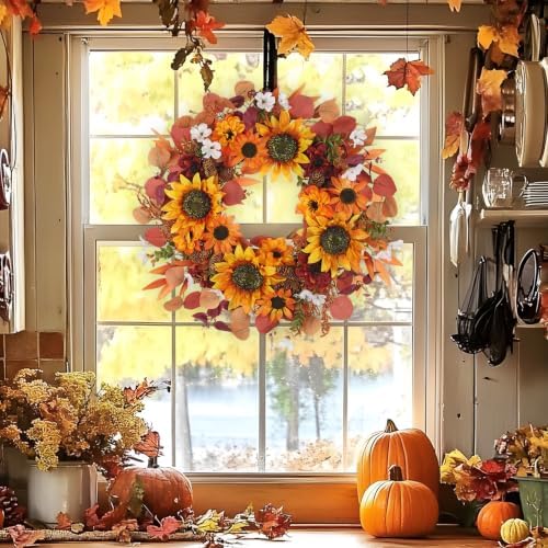 24" Artificial Fall Floral Wreath for Front Door Autumn Wreath with Sunflower Dahlia Pine Cones for Halloween Thanksgiving Farmhouse Window Wall Décor - Image 3