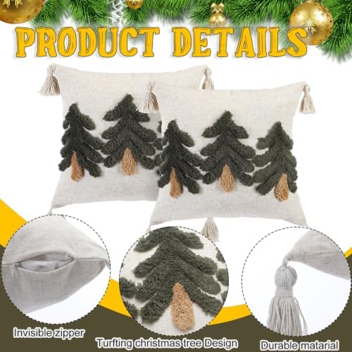 Mixweer 2 Pack Green Tufted Christmas Tree Pillow Covers 20 x 20 Inch Farmhouse Winter Throw Pillowcases with Tassels Green Tree Decorative Cushion Covers for Sofa Couch Holiday Party Home Decor - Image 3