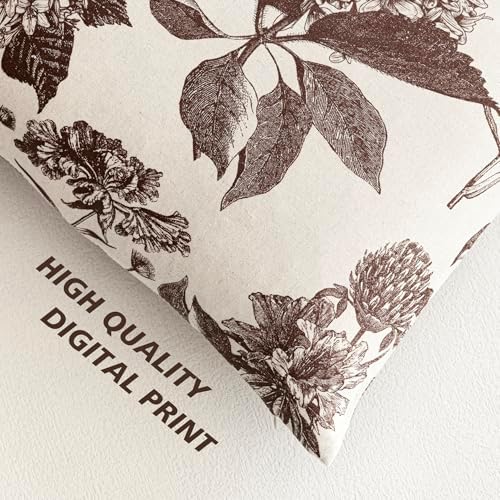 Foindtower Set of 2 Linen Floral Throw Pillow Covers Neutral Vintage Print Decorative Cushion Covers Farmhouse Boho Home Decor for Sofa Chair Couch Bedroom Living Room,18×18 Inch,Dark Brown - Image 3