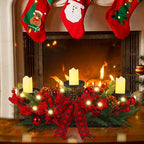 Christmas Centerpiece with 3 Candle Holders 3 LED Candles 1 String Lights Xmas Triple Candelabrum Poinsettia Red Buffalo Plaid Bow Berry Pine Cones with 3 Candle Holders for Tables Home Decorations - Image 6