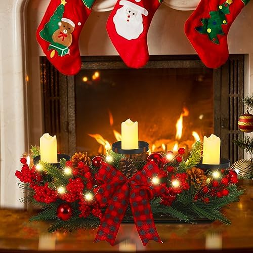Christmas Centerpiece with 3 Candle Holders 3 LED Candles 1 String Lights Xmas Triple Candelabrum Poinsettia Red Buffalo Plaid Bow Berry Pine Cones with 3 Candle Holders for Tables Home Decorations - Image 6