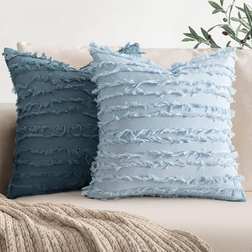 MIULEE Boho Linen Striped Throw Pillow Covers 20x20, Light Blue - Image 4