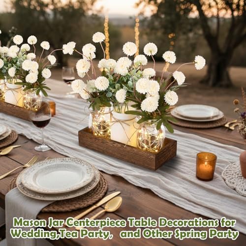 Suncalla 3pcs White Fake Kiku Flowers Pompon Mum Mason Jar Centerpiece - Image 5