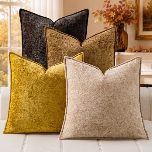 a moment Throw Pillow Covers 22X22 Inch 4 Packs,Soft Velvet Decorative Pillow Cases with 3D Ice Flower,Texture Modern Accent Cushion Covers for Sofa Couch Home Decor Dusty Gold by amoment