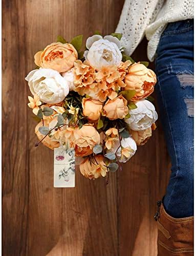 FiveSeasonStuff Mixed Cream & Apricot Artificial Peony Bouquet Set of 2 - Image 3