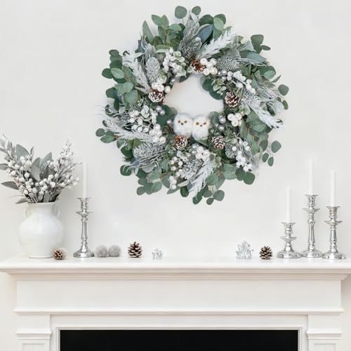 Winter Wreath for Front Door, 24 Inch Christmas Wreath with Owl Decor, Pine Cones, and Evergreen Greenery, Festive Winter Door Decor, Artificial Holiday Farmhouse Rustic Wreath - Image 4
