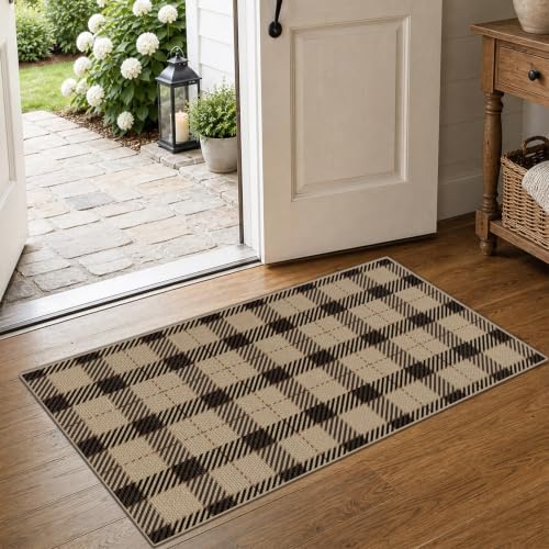 JTJ Easy Jute 2x4 Entryway Runner Rug, Black & Beige Plaid, Washable by JTJ
